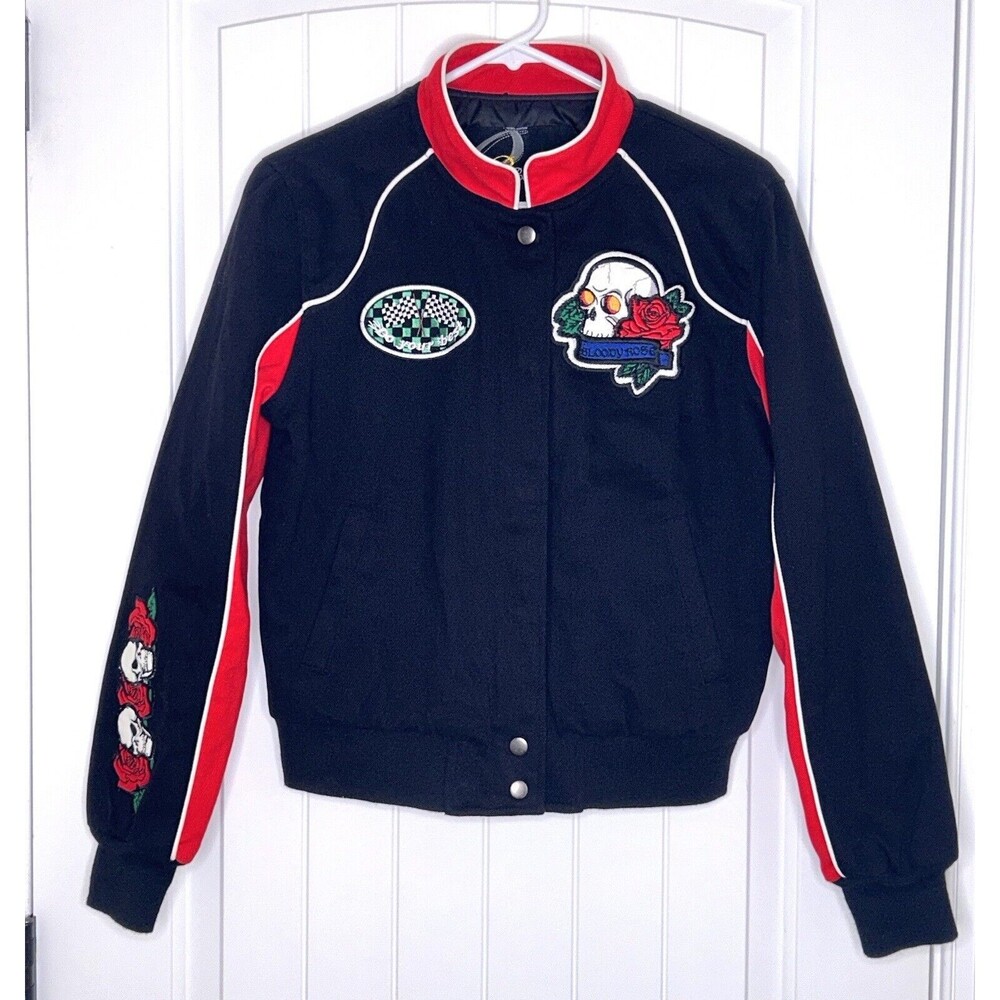 Red‎ Fox Jeans Black Varsity Skull Bomber Jacket NWT Medium